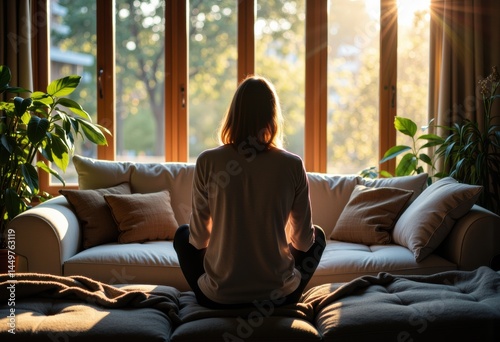 Obraz na płótnie Woman meditating on a sofa in a sunlit living room with plants w salonie