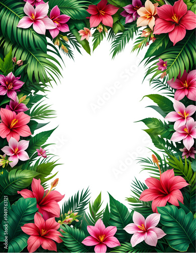 Vibrant Floral Frame PNG, Transparent Background Bloom Border Arrangement, Botanical Summer Overlay, Colorful Spring Flower Illustration with Hibiscus for Summer Invitation Designs