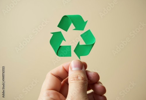 Obraz na płótnie Hand holding a green paper recycling symbol against a beige background w salonie