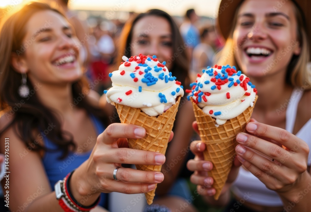 Three friends enjoying ice cream cones with colorful sprinkles at a summer festival