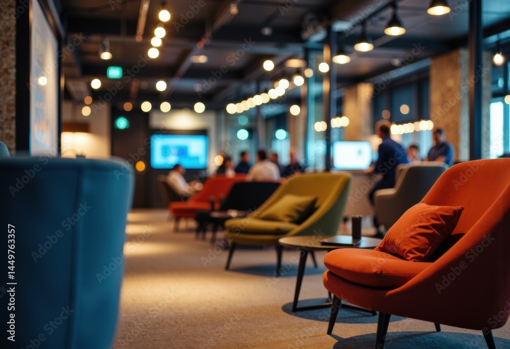 Modern lounge area with colorful chairs and ambient lighting in a workspace