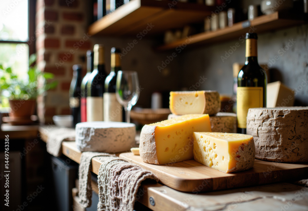 Assorted cheeses displayed on a wooden board in a rustic kitchen