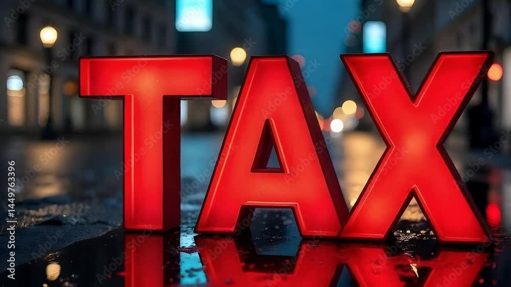 Red 3D letters forming the word TAX in the background a blurred city at night representing tax on night businesses