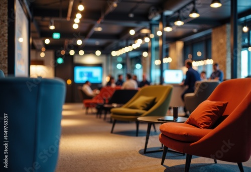 Obraz na płótnie Modern lounge area with colorful chairs and ambient lighting in a workspace w salonie