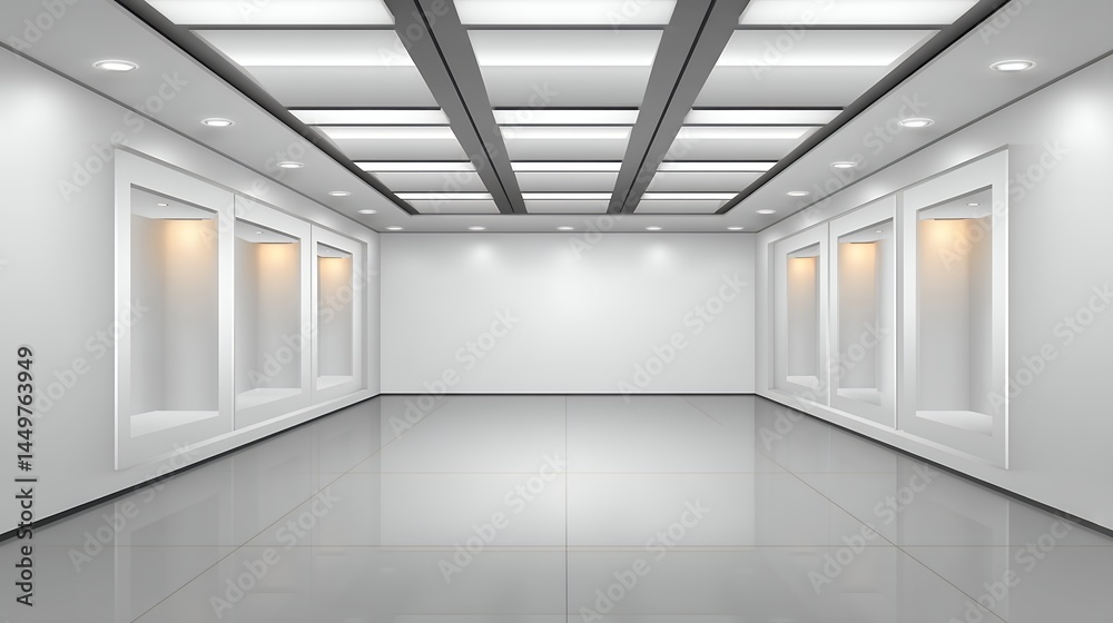 Modern White Gallery Interior with Recessed Lighting and Empty Display Cases Modern White Gallery Interior with Recessed Lighting and Empty Display Cases