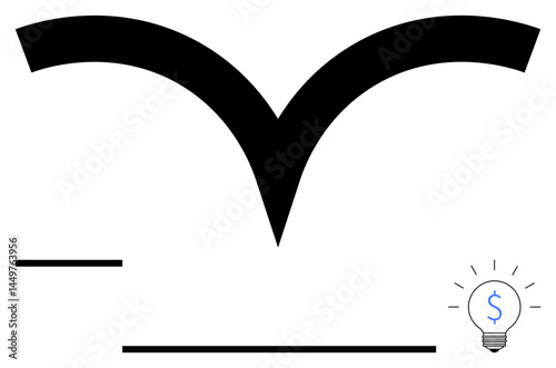Abstract black bird shape in bold minimal design paired with a glowing light bulb featuring a dollar sign. Ideal for innovation, finance, creativity, strategy, entrepreneurship, simplicity, flat