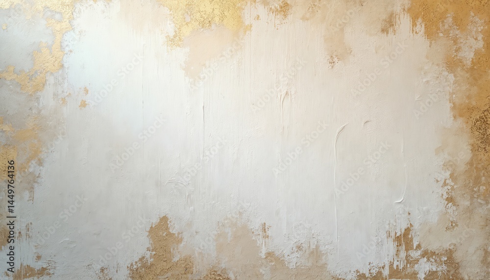 Distressed painted wall texture. Vintage, abstract artwork with luxurious white, cream, gold shades. Textured background with weathered effects, cracked cement. Perfect for adding vintage elegance,