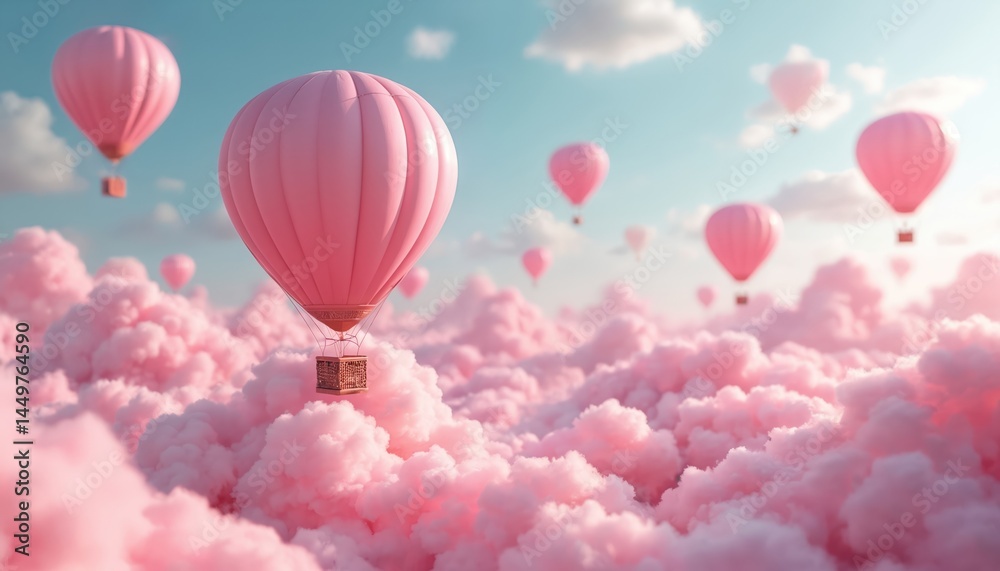 Pink hot air balloons float above dreamy cotton candy clouds in a whimsical 3D illustration. Soaring through a pastel sky, the image evokes feelings of happiness, romance, dream, fantasy and love.
