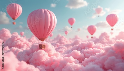 Obraz na płótnie Pink hot air balloons float above dreamy cotton candy clouds in a whimsical 3D illustration. Soaring through a pastel sky, the image evokes feelings of happiness, romance, dream, fantasy and love. w salonie