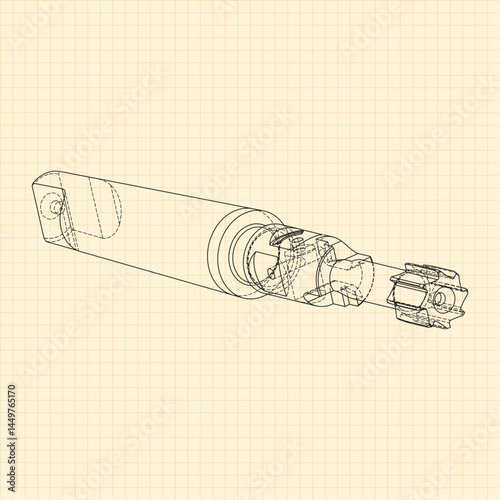 Mechanical engineering drawings. Tap tools, borer. Technical Design. Cover. Blueprint. Step Cutting Tool with Countersinking Function. Technical 3D Vector Illustration