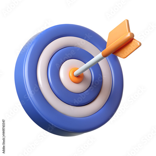 Target arrow icon success blue. Dart on target dartboard. 3d isolated on white background. Cartoon plastic style