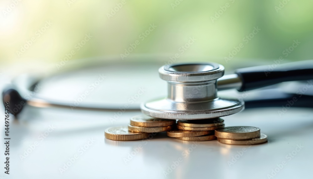Stethoscope placed on coins. Represents health care costs, medical expenses, financial investment, economic analysis, budget, insurance, payment, healthcare market. Concerns rising prices of medical