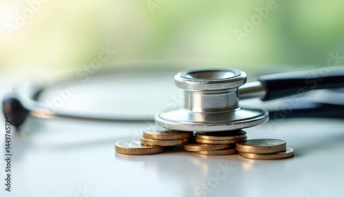 Obraz na płótnie Stethoscope placed on coins. Represents health care costs, medical expenses, financial investment, economic analysis, budget, insurance, payment, healthcare market. Concerns rising prices of medical w salonie