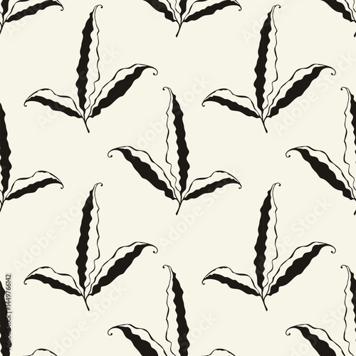 Creme pattern with leaves or pods of plant, dark stylized doodles on beige background. Botanical design, textile.