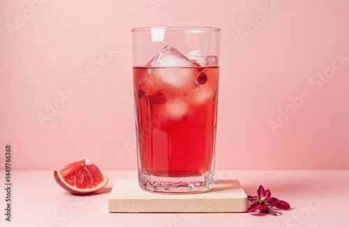 Refreshing red summer drink with ice in glass, pink background. Non-alcoholic cocktail made from fruit tea, lemonade, hibiscus. Refreshing drink for hot days, parties or summer holiday.