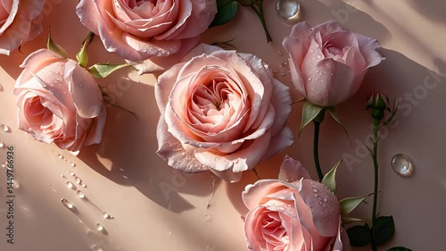 Delicate pink roses arranged elegantly with droplets of water glistening in soft natural light, showcasing the beauty and freshness of the flowers.

 photo