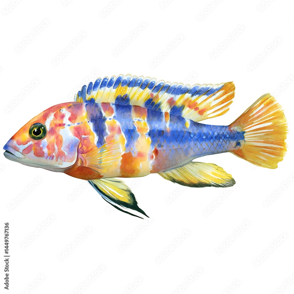 Fototapeta premium Vibrant Watercolor Painting of a Colorful Cichlid Fish, Isolated on White.