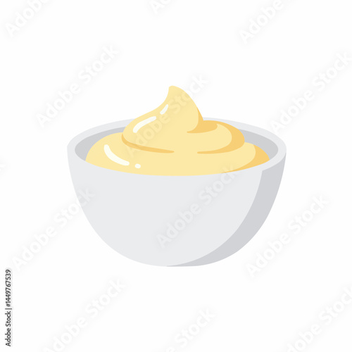 Bowl filled with yellow cream in a white bowl, simplistic, flat design, bottom right corner