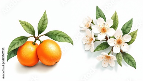 Watercolor illustration of ripe orange fruit with blossom branch isolated on white. Citrus theme for labels prints banners. Elements of food design, nature, botanical. Healthy, vitamin-rich fruit.