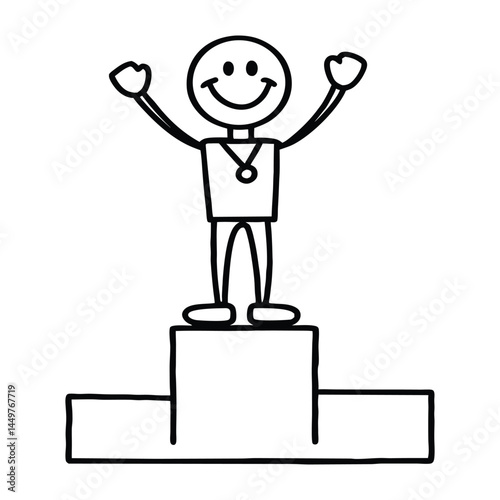 Wooden figure standing on number one podium with smile face for successful winner