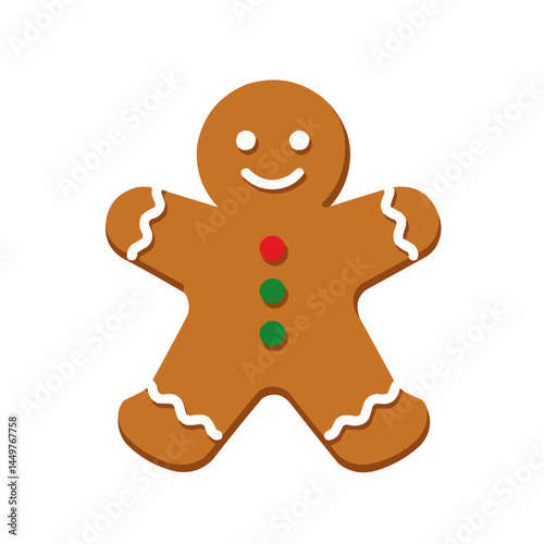 Cheerful gingerbread man with frosting details & red button on white