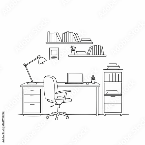 Illustrated bookshelf, a desk lamp and plants for learning and inspiration