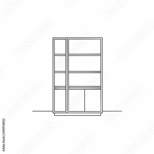 Outline of shelving unit with empty shelves; minimalist design in black lines