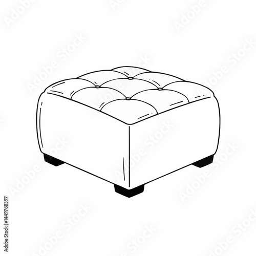 Outline of a tufted ottoman in black and white, low to the ground, comfy look