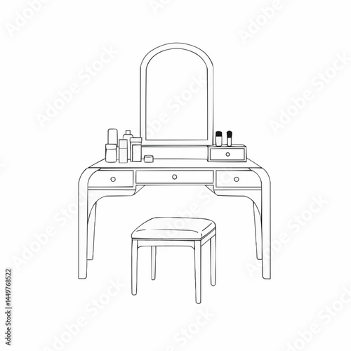Line art shows a vanity with a mirror and various cosmetic bottles