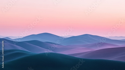 Landscape of rolling hills at dawn, soft pastel colors