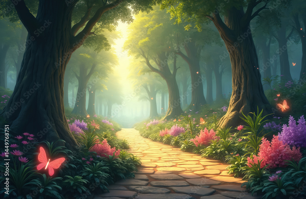 Path leads through enchanted forest, sunlit pathway framed trees. Glowing butterflies, colorful flowers. Fantasy illustration depicts nature, mystery, wonderland scene.