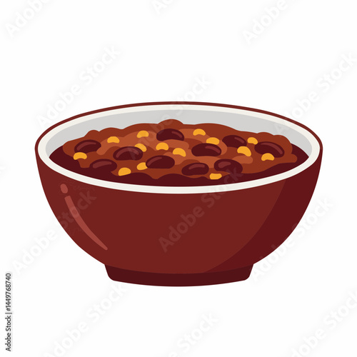 A bowl of chili features red beans and yellow corn in a thick, rich stew