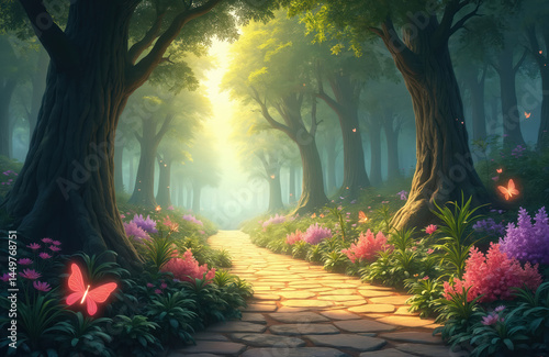 Obraz na płótnie Path leads through enchanted forest, sunlit pathway framed trees. Glowing butterflies, colorful flowers. Fantasy illustration depicts nature, mystery, wonderland scene. w salonie