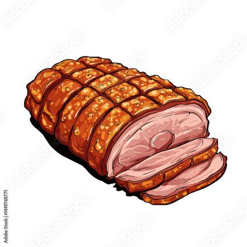 Juicy cooked pork roast with perfectly crispy crackling texture on a white background
