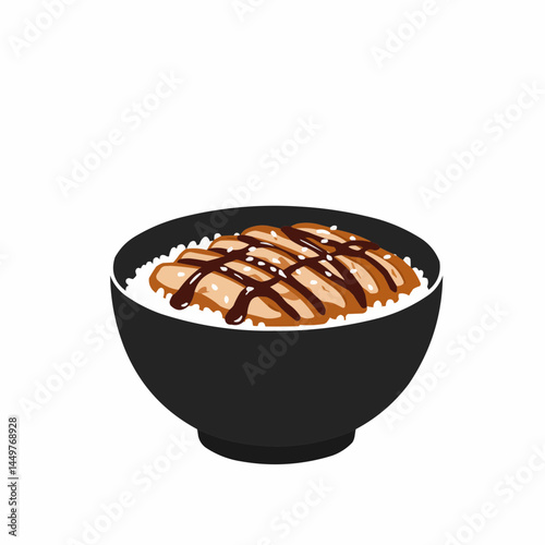 Teriyaki chicken atop rice, in a dark bowl with shiny glaze and sesame seeds