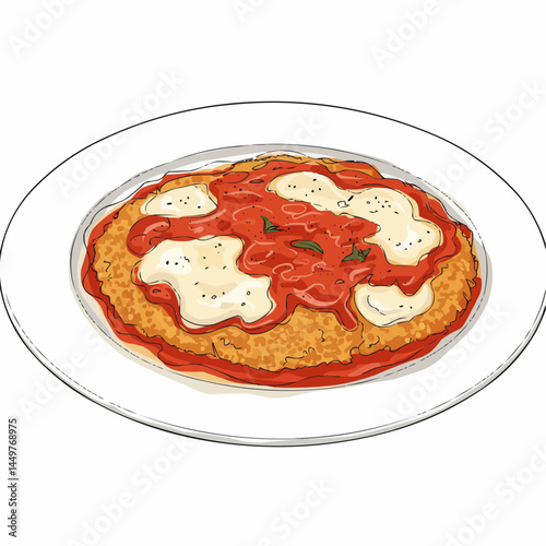 Cartoon of a pizza with melted cheese, tomato sauce, and green herbs on a white plate