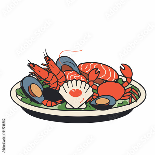 Seafood illustration featuring shrimp, mussel and slices of salmon on white