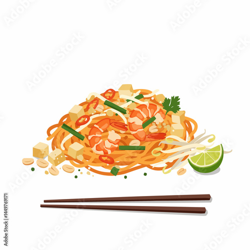 Noodles, shrimp, tofu, peppers, beans sprouts, and cilantro served as dish