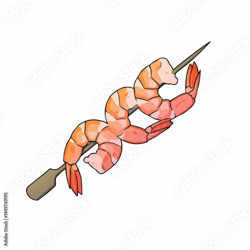 Shrimp skewers, orange and pink hues on a white backdrop. Simple, stylized