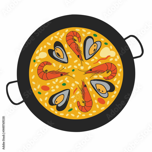 Delicious paella with saffron rice, shrimp, and mussels in a pan. Traditional seafood dish