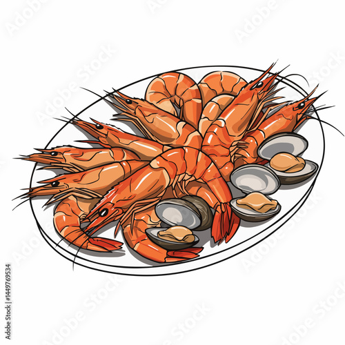 Orange shrimp on a plate, detailed lines and vector style