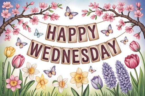 Delightful whimsical happy wednesday banner with flowers and butterflies celebration