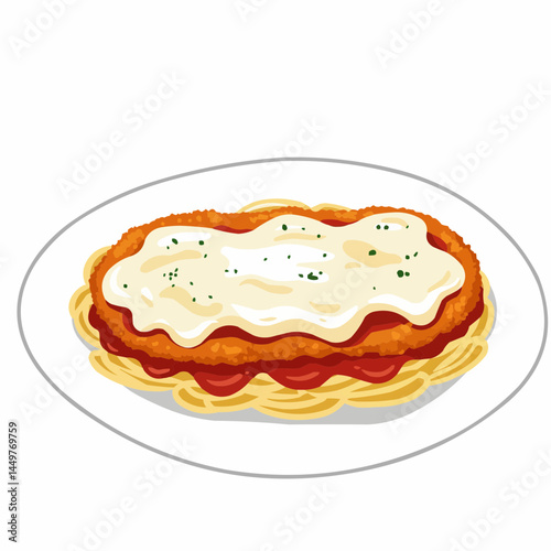 Cartoon-style chicken parmesan on a plate with sauce and a garnish of herbs