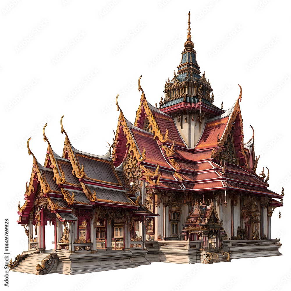 Fototapeta premium Detailed Illustration of a Traditional Thai Temple, Exquisite Architectural Design.