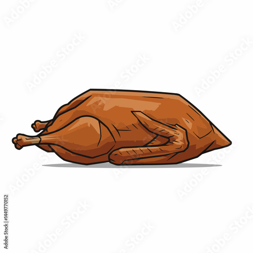 A cartoon-styled roasted turkey, browned & outlined in black, sitting on white background