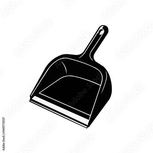 Silhouette of a black dustpan angled to the right, against a white background