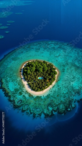 A small island in the middle of the ocean surrounded by palm trees