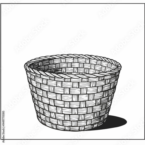 Intricate woven basket illustration with white background and dark outline artwork