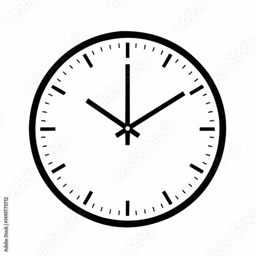 A clock face displays the time with clear, black hour and minute hands on a white background