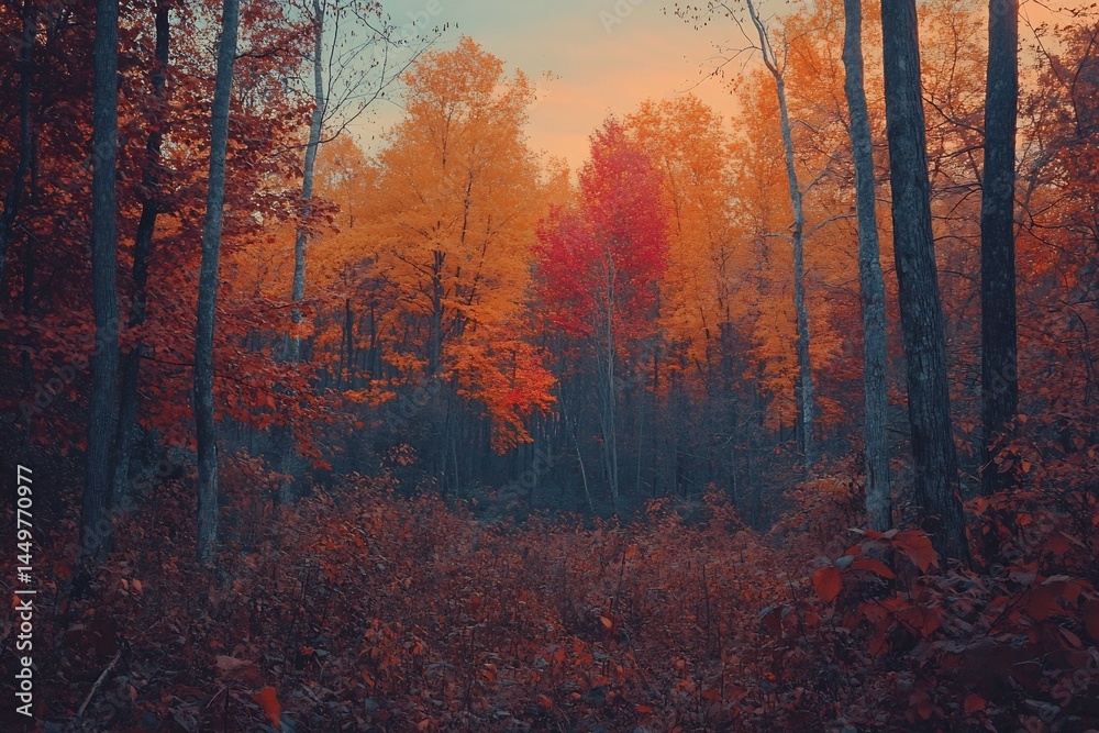 Fototapeta premium Autumn forest trees in orange red and yellow hues vivid gradient sky at golden hour rich leaf textures glowing atmosphere serene nature